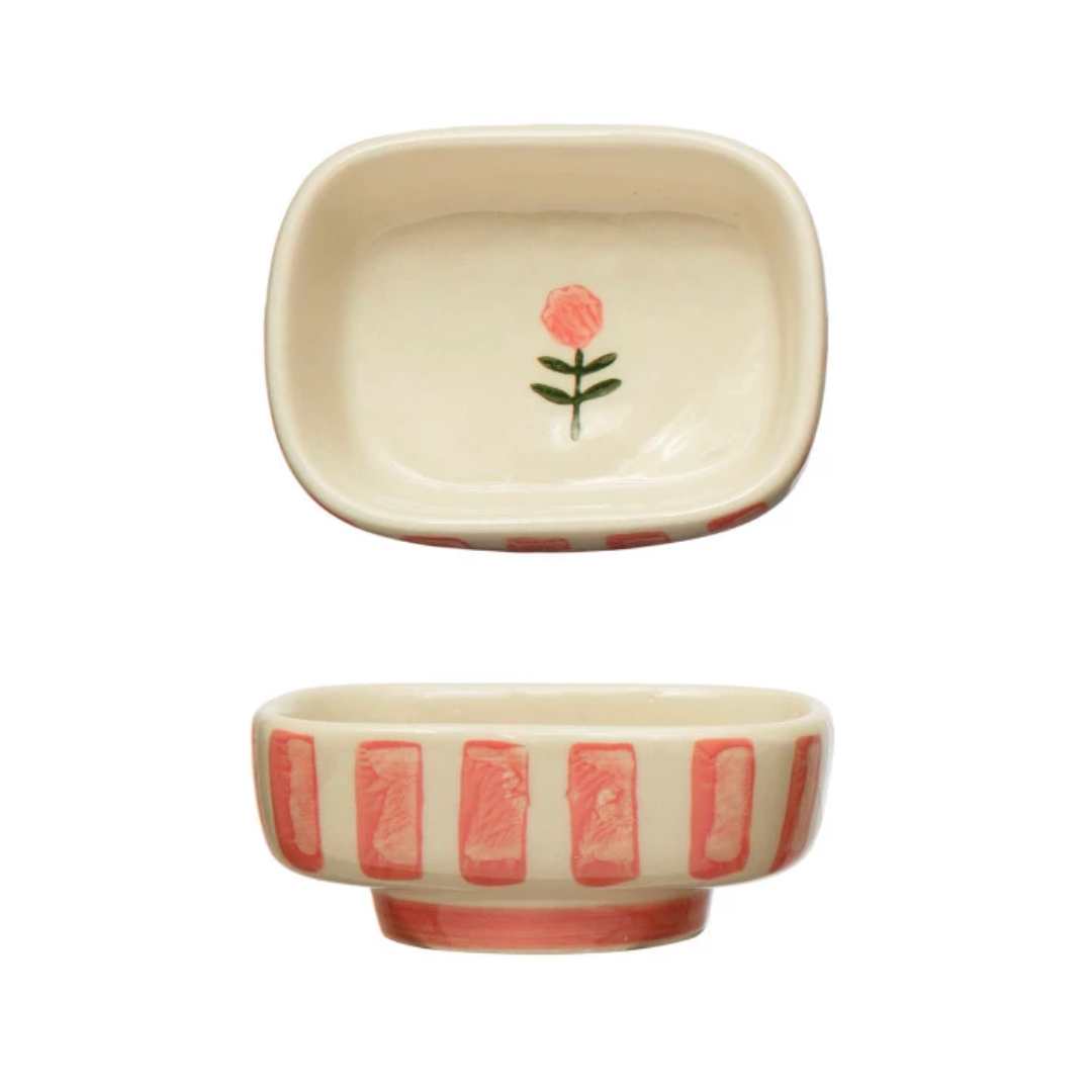 Fußschälchen mit Blumen- und Streifenmotive, Steingut – Produktbild 3